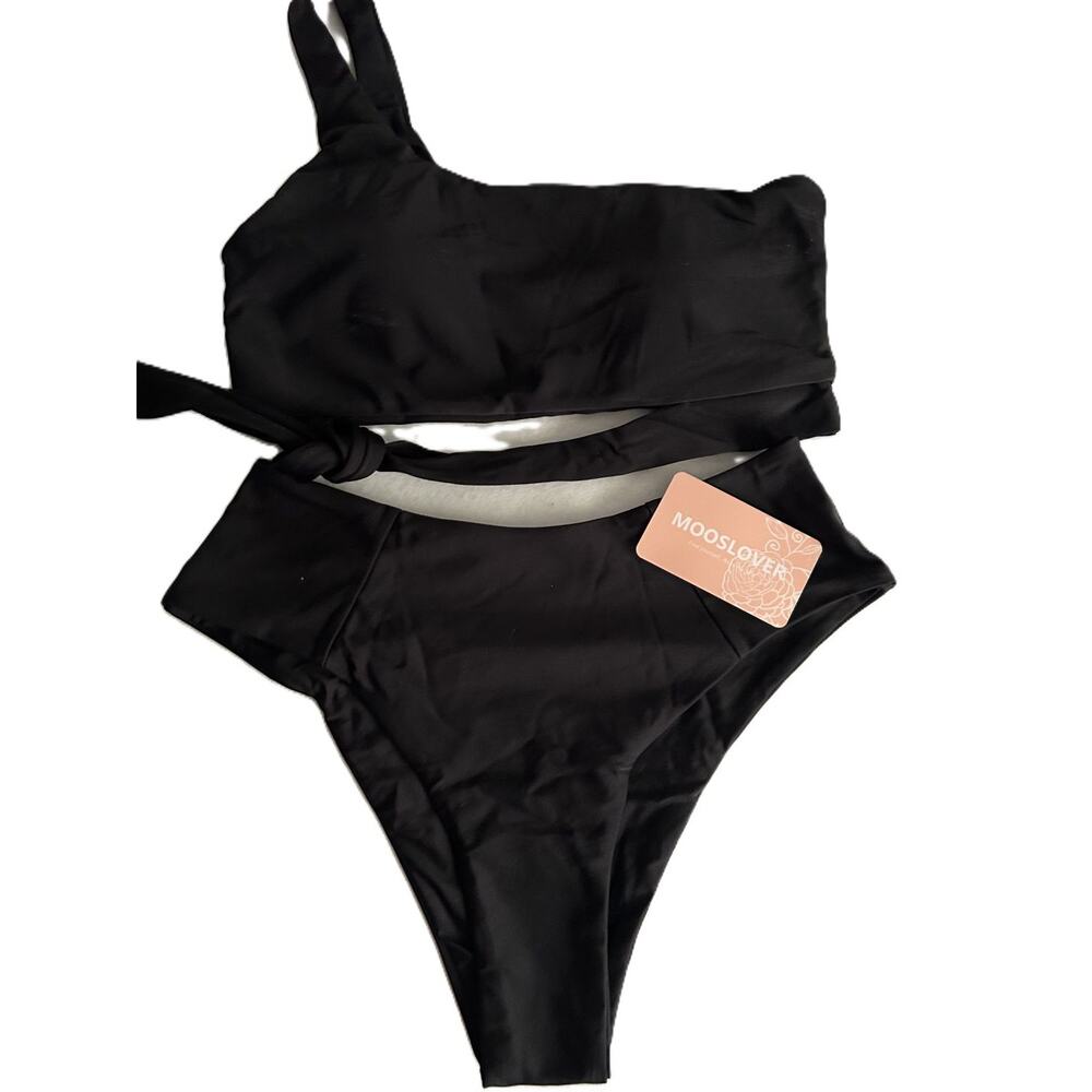 NWT MOOSLOVER Black 1 Shoulder High Waisted 2 Piece Bikini Tie High Cut *Medium - Picture 3 of 10